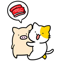 Obraz premium 豚肉になるブタを育てるかわいいねこの手書き風イラスト