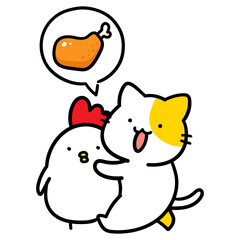 鶏肉になるニワトリを育てるかわいいねこの手書き風イラスト