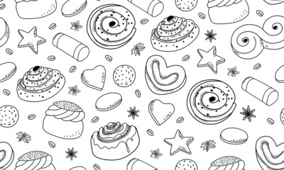Traditional Swedish sweets seamless pattern. Contour background. Coloring book. Vector