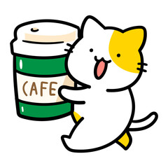 コーヒーをテイクアウトするかわいいねこの手書き風イラスト