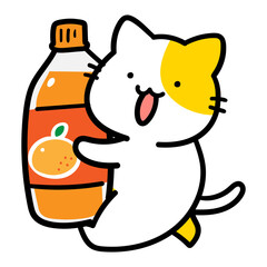 オレンジジュースを持ち運ぶかわいいねこの手書き風イラスト