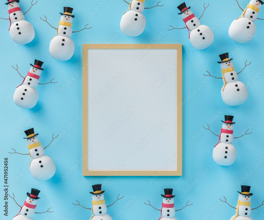 Poster 3d rendering blank frame on snowman background.