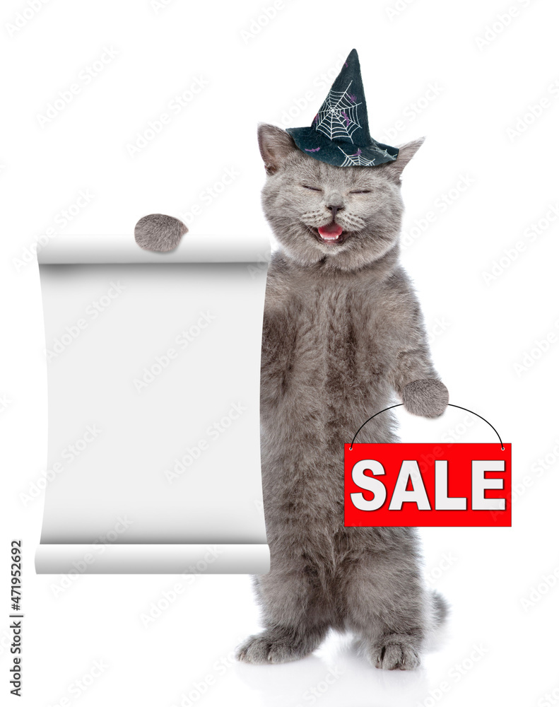Poster happy cat wearing hat for halloween shows empty list and sales symbol. isolated on white background