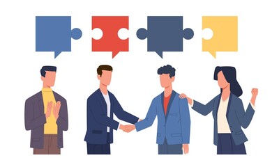Consensus. Agreement in discussion. People shake hands. Puzzle connection. Successful negotiation. Business communication. Employees cooperation. Jigsaw parts matching. Vector concept - obrazy, fototapety, plakaty