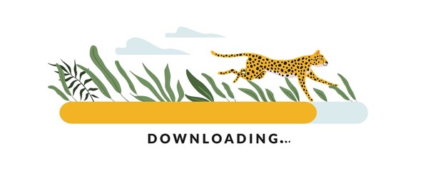 Fast downloading. High-speed loading. Running cheetah. Waiting for website upload. Digital reboot line. Computer interface with load progress indicator and funny animal. Vector concept