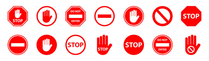 Stop signs collection in red. Simple red stop road sign with big hand symbol or icon vector illustration.