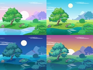 Different day times landscape. Morning and evening meadow with tree, lake and bushes. Soothing natural backgrounds. Sunrise and sunset scenery. Vector night or afternoon panorama set - obrazy, fototapety, plakaty
