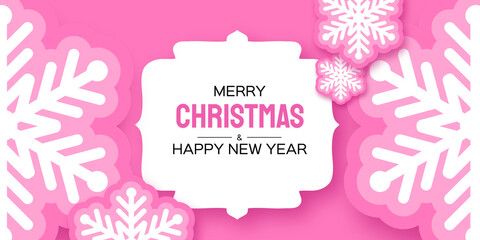 Sugar Pink Christmas snowflake applique in paper cut style. Cute Winter holidays. Merry Christmas and Happy New Year. Frame Space for text.