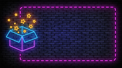 Delight present, surprise neon sign vector. Birthday celebration, special give away package design template neon frame. Night bright advertising, bright sign. Vector illustration