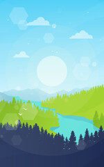 Mountain landscape, sunrise scene in nature with mountains, river, silhouettes of trees. Hiking tourism. Adventure. Minimalist graphic flyers. Polygonal flat design for coupons, vouchers, gift cards