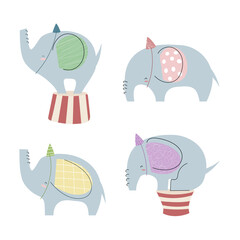 Set of cute hand drawn elephant. Circus animals concept illustration in flat cartoon style. Vector isolated on white background.
