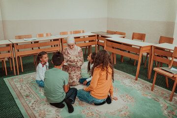 Female teacher helps school kids to finish they lesson.They sitting all together on floor.Selective focus