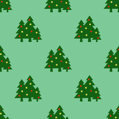Seamless pattern. Image of green Christmas trees with balls on pastel green backgrounds. Symbol of New Year and Christmas. Template for application to surface. 3D image. 3d rendering