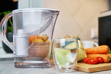 Glass of pure water, cleaning filter cartridge and fresh vegetables on table