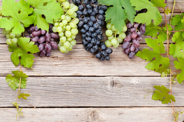 Various colorful grapes on wooden table
