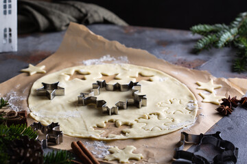 Christmas cooking and baking, dough with snowflake cookies