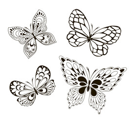 Vector background with the image set of black and white butterflies in the form of a tribal tattoo