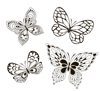 Vector background with the image set of black and white butterflies in the form of a tribal tattoo