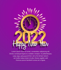 happy new year 2022 golden number with fireworks and clock isolated  black background