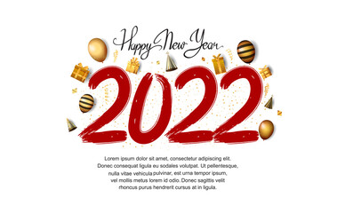 happy new year 2022 red color number with golden balloons, hat and gift box isolated on white background