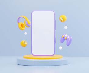 Mockup of a phone with a discount on the technology. In yellow and purple tones and a pastel blue background. 3D rendering illustration. © Kari_designer