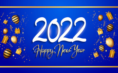 happy new year 2022 white color number with golden balloons, glitter and gift box isolated on brown background