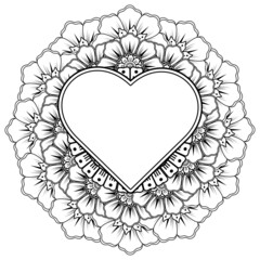 Mehndi flower with frame in shape of heart. decoration in ethnic oriental, doodle ornament.