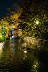 Kyoto,Japan - November 16, 2021: View of Shirakawa river from Tatsumi bridge at Gion, Kyoto, Japan
