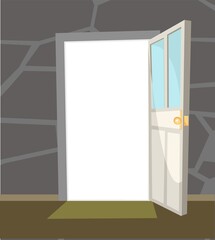 Opened door. Simple and flat style. Inside view from the room of house. stone wall. Open. Cartoon cute fairy tale design. Close Rug. Image background. Vector