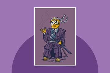 Poster design template Illustration of a character with a yellow helmet dressed in a Japanese shogunate in purple tones