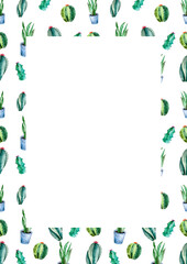 Watercolor frame background with cactus and succulent plants in pot. Watercolor cacti frame