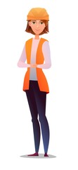 Woman builder in vest and protective helmet. Girl worker. Cheerful person. Standing pose. Cartoon comic style flat design. Single character. Illustration isolated on white background. Vector