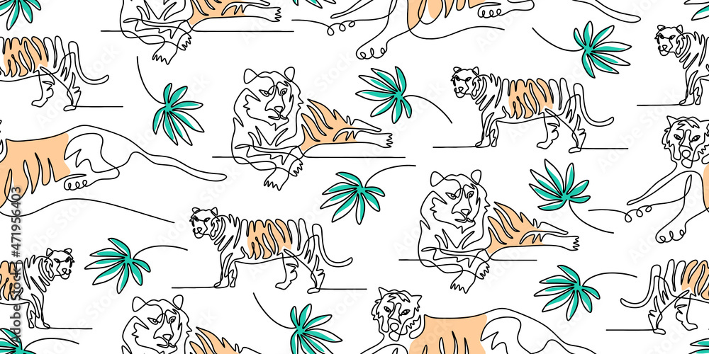 Poster continuous one line of tiger isolated on seamless pattern and white background.