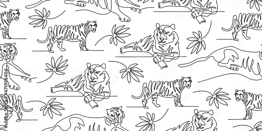 Poster continuous one line of tiger isolated on seamless pattern and white background.