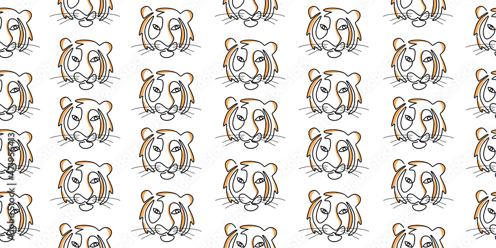 Poster continuous one line of tiger head isolated on seamless pattern and white background.