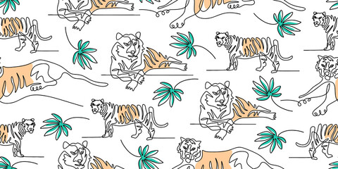 Continuous one line of tiger isolated on seamless pattern and white background.