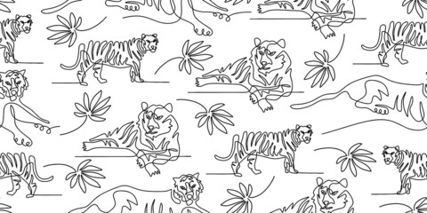 Continuous one line of tiger isolated on seamless pattern and white background.