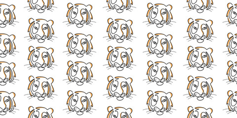 Continuous one line of tiger head isolated on seamless pattern and white background.