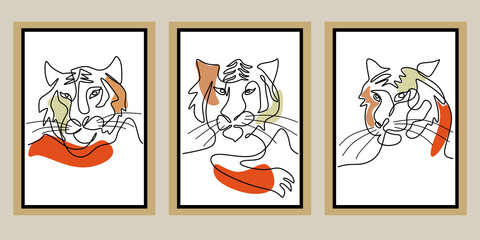 Continuous one line of three surreal tiger posters isolated grey background.
