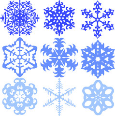 Set set of 9 (nine) snowflakes. Winter flat vector decorations elements. 