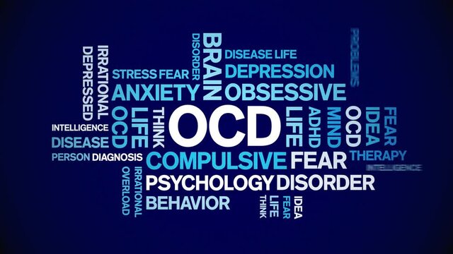 OCD animated tag word cloud;Obsessive-Compulsive Disorder animation kinetic typography seamless loop.
