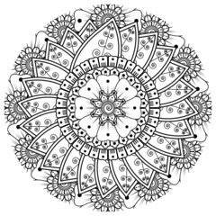 Mehndi flower for henna, mehndi, tattoo, decoration. Decorative ornament in ethnic oriental style, doodle ornament, outline hand draw. Coloring book page.