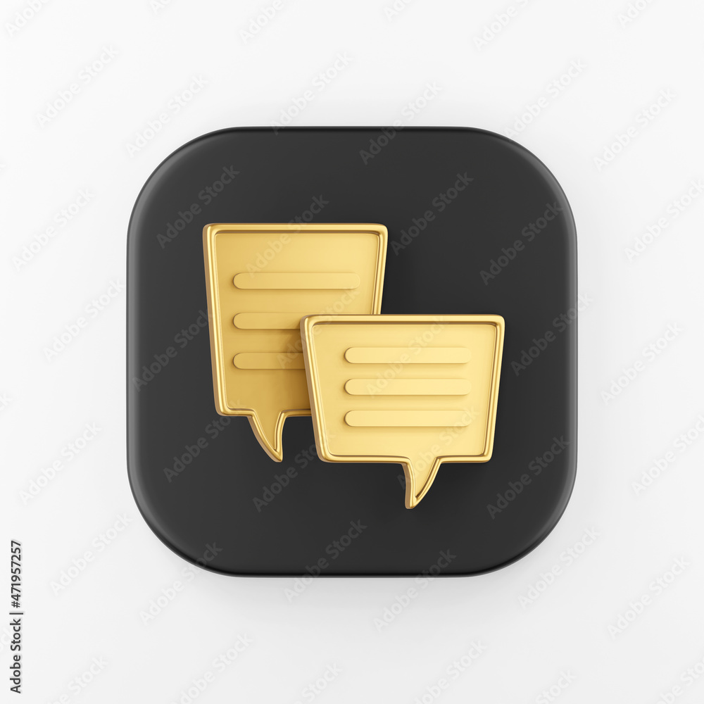 Poster gold square speech balloons icon. 3d rendering black square key button, interface ui ux element.