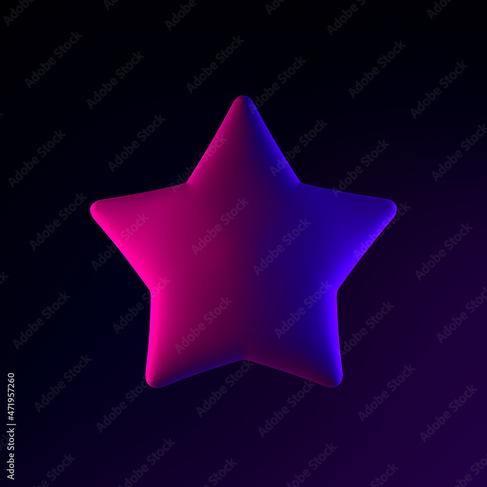 Poster neon star icon in cartoon style. 3d rendering ui ux interface element. dark glowing symbol.