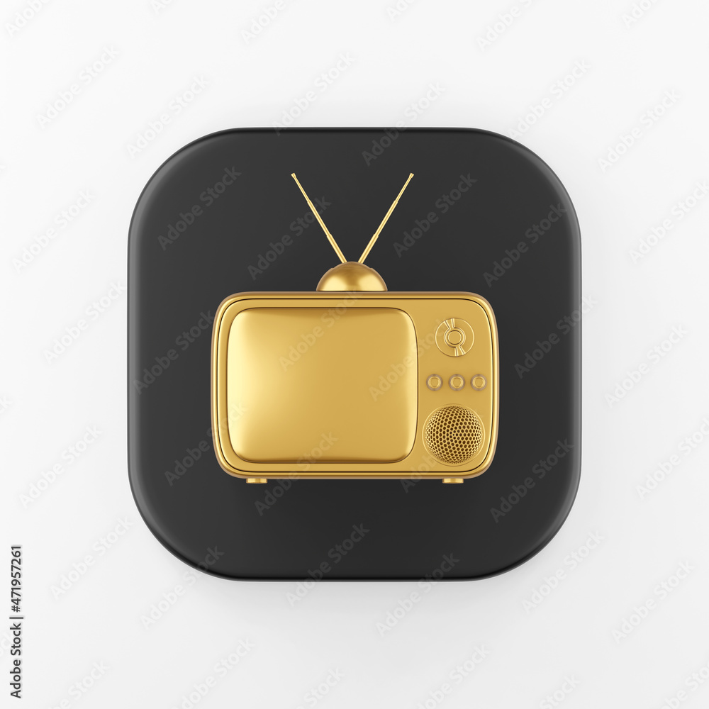 Poster golden vintage tv icon. 3d rendering black square key button, interface ui ux element.
