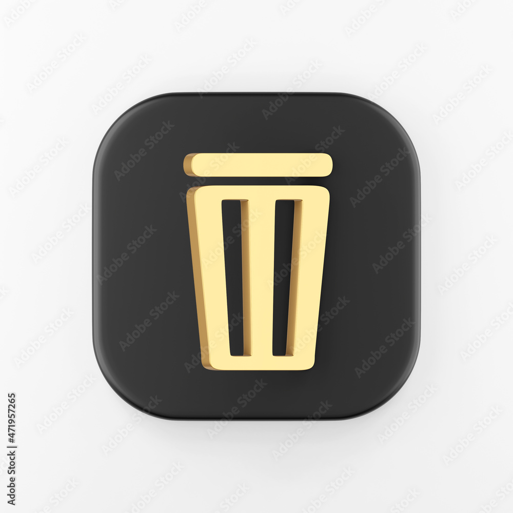 Poster flat outline golden trash bin icon. 3d rendering black square key button, interface ui ux element.