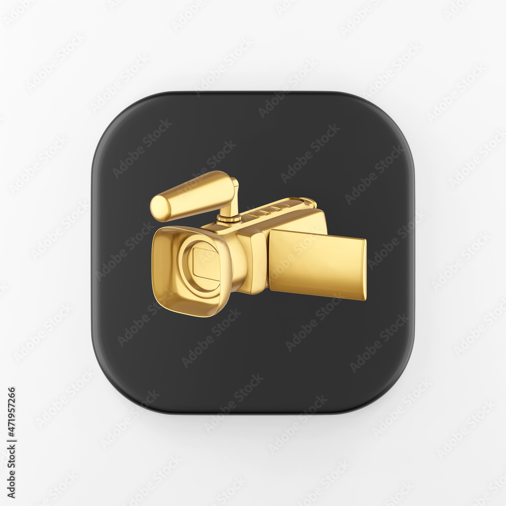 Poster gold digital video camera icon. 3d rendering black square key button, interface ui ux element.