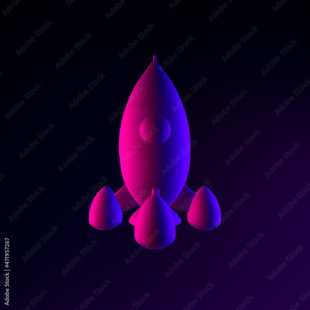 Poster neon space rocket icon. 3d rendering ui ux interface element. dark glowing symbol.