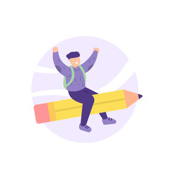 illustration of a student riding a flying pencil. back to school concept. go to school. education. flat cartoon style. vector design