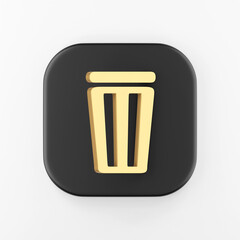 Flat outline golden trash bin icon. 3d rendering black square key button, interface ui ux element.